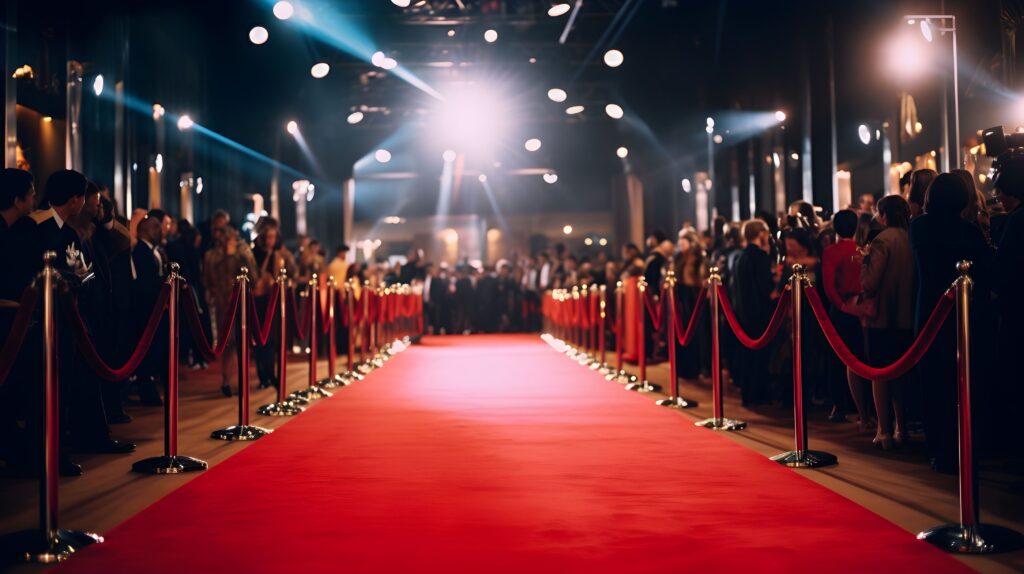 Crowds of people around a red carpet with flashing lights